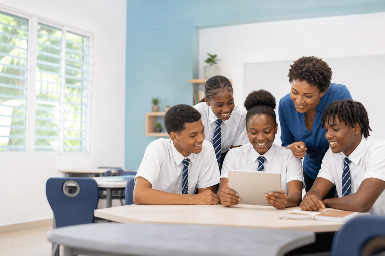 Students and a teacher learning together with technology